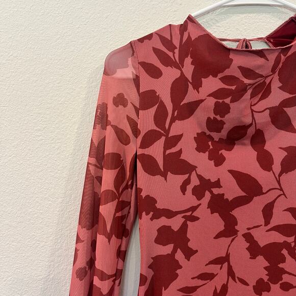 Y2K Style Burgundy Floral Long Sleeve Blouse w/ Sheer Sleeve & Open Back | Sz XS - Picture 2 of 7